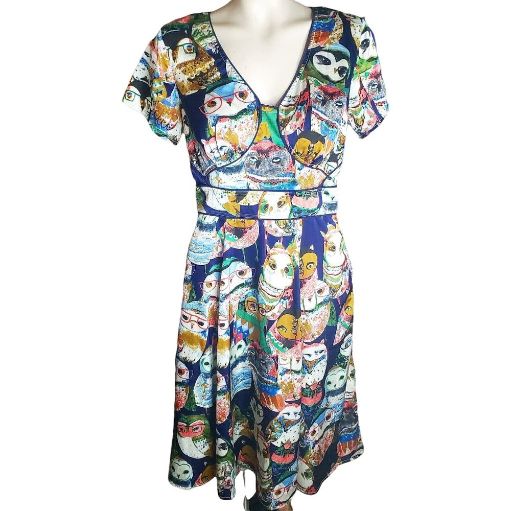 eShakti Women’s Artsy Owl Print Dress Empire Waist Pockets M/10